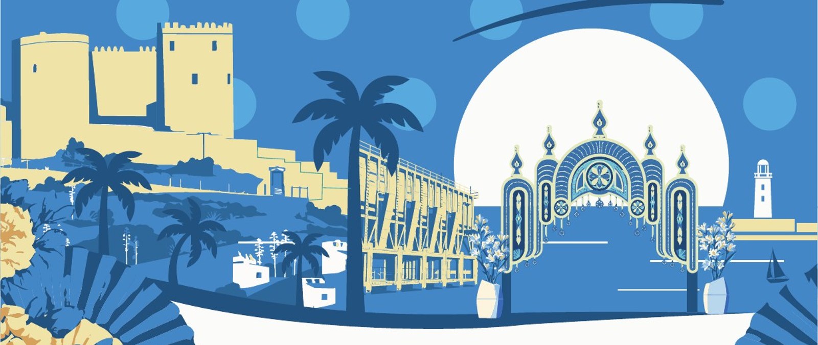 Ilustración de Almería: Alcazaba, Cable Inglés, portada de Feria, palmeras y abanicos